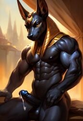 ai_assisted ai_generated anthro anubian anubian_jackal anubis balls ballsack chest cum cum_drip cumshot dark-skinned_male dark_body dark_penis dark_skin ear erect erect_nipples erect_penis erection male male_focus male_only muscle muscles muscular muscular_anthro muscular_arms muscular_male muscular_thighs naked naked_male nude nude_anthro nude_male pointed