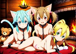 3girls ai_generated animal_ears animal_tail asada_shino ayano_keiko benmccannon_(artist) bondage cat_ears cat_tail elf_ears fireplace kirigaya_suguha leafa_(sao) metal_collar nipple_piercing shackles sinon slave_crest slavegirl sword_art_online teddy_bear