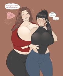 2girls big_breasts cleavage dialogue female female_only franktonius gigantic_breasts huge_breasts human mother_and_daughter revealing_clothes standing text voluptuous