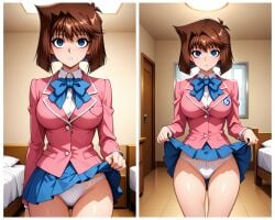 ai_generated anzu_mazaki bedroom big_breasts controlled empty_eyes mind_control miniskirt panties pleated_skirt school_uniform skirt skirt_lift tea_gardner unexpressive white_panties yu-gi-oh! yu-gi-oh!