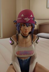 1girls 3d 3d_(artwork) 3d_model 3d_render antifragile_kira-kira bed bedroom blender blender3d blender_cycles blue_eyes choker glowing_eyes hat hotel hotel_room kiriko_(overwatch) le_sserafim naked naked_female navel nipples overwatch overwatch_2 prolivium purple_hair sitting