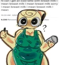 1girls ansiansiansi barista big_breasts chubby cleavage confused dandy's_world dandys_world female i_mean_breast_milk nipples_visible_through_clothing partially_clothed roblox roblox_game satire shelly_(dandy's_world) tagme