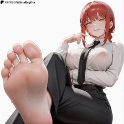 ai_assisted ai_generated arm_under_breasts blush breasts chainsaw_man clothed_female crossed_legs_(sitting) feet foot_fetish foot_focus foot_up ginaregilna legs_crossed looking_at_viewer makima_(chainsaw_man) necktie nipples_visible_through_clothing pants patreon_username red_hair seductive seductive_pose seductive_smile shirt smile soles spread_toes