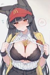 ai_generated anthro between_breasts black_bra black_hair blush bra breasts busty cashier embarrassed employee_uniform fast_food food_between_breasts fox_girl french_fries hat hoshimi_miyabi large_breasts mcdonald's microphone open_clothes red_eyes shirt_lift zenless_zone_zero