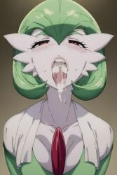 ai_generated blush blush_lines blushing blushing_at_viewer cum cum_in_mouth cum_on_tongue female gardevoir green_hair nintendo pokémon_(species) pokemon pokemon_(species) red_eyes squinted_eyes tongue_out white_skin