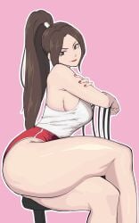 ass bangs bare_legs bare_shoulders breasts brown_eyes brown_hair buruma chair closed_mouth clothing crossed_legs fatal_fury female female_only high_ponytail king_of_fighters large_breasts lips lipstick long_hair looking_at_viewer mai_shiranui makeup nail_polish octavius_dp ponytail red_buruma red_nails red_shorts shirt shorts sideboob sitting sleeveless smile solo stool street_fighter street_fighter_6 tank_top thick_thighs thighs tied_hair white_shirt