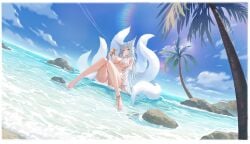 animal_ears azur_lane barefoot big_breasts bikini bikini_aside bikini_top blue_eyes cleavage footwear fox_ears fox_girl game kitsune official_art open_legs pussy shinano_(azur_lane) shinano_(dreamy_white_sands)_(azur_lane) starfish suggestive suggestive_pose tail white_bikini white_body white_hair