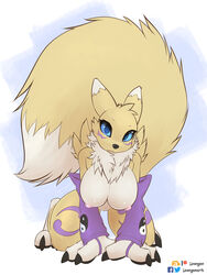 3:4 all_fours anthro arm_warmers armwear big_breasts big_tail breasts clothing cute_expression cute_eyes cute_face digimon digimon_(species) female fluffy fluffy_tail fur hi_res leongon looking_at_viewer renamon solo yellow_body yellow_fur yin_yang