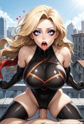 1boy ahe_gao ai_generated armpit_crease avengers bangs bare_hips bare_shoulders black_gloves black_legwear black_leotard black_thighhighs blonde_hair blue_eyes blue_sky blush bodysuit breasts building captain_marvel carol_danvers city cityscape clothed_sex clothing cloud covered_navel cowgirl_position cowgirl_position day drooling elbow_gloves eyeliner female female gloves heart heart-shaped_pupils highleg highleg_leotard jousneystudio large_breasts latex legwear leotard lips long_hair looking_at_viewer makeup male marvel marvel_comics ms._marvel_(carol_danvers) navel nude on_top open_mouth outdoors parted_bangs penis saliva sex shiny_clothes skin_tight skindentation sky solo_focus spread_legs straddling straight sweat symbol-shaped_pupils teeth thick_thighs thighhighs thighs tongue tongue_out vaginal_penetration veins veiny_penis