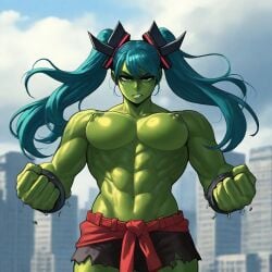 1girls ai_generated belt blue_hair fusion green_skin hatsune_miku hulk hulked_out hulksune kosine1777 krekk0v_(ai_style) large_breasts loincloth muscular muscular_female red_belt topless twintails vocaloid wrist_cuffs wristband