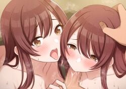 1boy 2girls blush breasts brown_hair censored erection fellatio idolmaster idolmaster_shiny_colors long_hair looking_at_viewer medium_breasts multiple_girls open_mouth oral osaki_amana osaki_tenka panna444 penis siblings sisters straight swept_bangs twins yellow_eyes