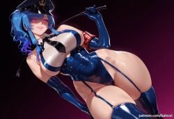 1girls ai_generated azur_lane balecxi bare_shoulders black_necktie blue_gloves blue_hair blue_leotard blue_thighhighs breasts covered_navel elbow_gloves female garter_straps hat highleg large_breasts leotard looking_at_viewer peaked_cap riding_crop side_ponytail sideboob sidelocks smile solo st._louis_(azur_lane) st._louis_(luxurious_wheels)_(azur_lane) thighhighs thighs