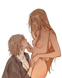 2girls after_oral after_sex arm_around_partner blonde_hair blush breast_size_difference breasts cleavage closed_eyes color completely_nude delicious_in_dungeon dungeon_meshi ear_blush elf_ears elf_female erect_nipples falin_touden fanon_couple feathers female female/female female_only half-elf hand_on_another's_face hand_on_another's_stomach highres holding_hands implied_cunnilingus kiss_mark kiss_mark_on_chest kneeling lesly-oh lighting lipstick long_hair looking_at_partner looking_pleasured looking_up marcille_donato multiple_girls nipples no_bra nude nude_female open_clothes open_shirt pink_lipstick pointy_ears pussy_juice pussy_juice_drip pussy_juice_on_face pussy_juice_on_hand romantic romantic_couple side_view small_breasts standing sweatdrop very_long_hair white_background yellow_eyes yuri