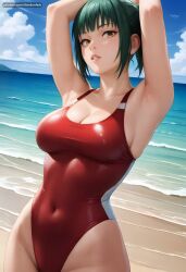 ai_generated armpits arms_up bangs beach breasts cleavage cloud collarbone covered_navel dandanhub day female green_hair highleg highleg_swimsuit jujutsu_kaisen large_breasts looking_at_viewer ocean one-piece_swimsuit outdoors parted_lips ponytail red_one-piece_swimsuit sky solo swimsuit water yellow_eyes zenin_maki