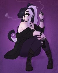 1girls black_eyebrows black_eyeshadow black_hair black_lipstick black_nails boots bracelet cigarette clothing cup earrings female female_only goth green_eyes hair_over_one_eye high_ponytail highres holding_cup jinx_doodle long_hair looking_away nose_ring purple_background ring sharp_nails sideboob sitting slit_pupils smoking solo solo_female sona_(jinx_doodle) thick_thighs two_tone_hair white_hair