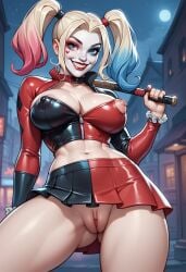 ai_generated cartoon cartoon_character dc dc_comics female harley_quinn innie_pussy paulinebabe puffy_pussy shaved_pussy short_skirt showing_breasts showing_pussy solo superheroine teasing upskirt