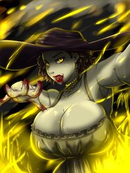 alcina_dimitrescu black_hair blood breasts busty capcom cleavage dress female hat hokaiarts large_breasts lipstick red_lipstick resident_evil resident_evil_8:_village solo yellow_eyes