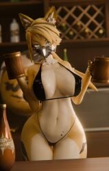 1girls 3d 3d_model alcohol best_girl bikini black_bikini black_thong blonde_hair cat_ears cat_tail catgirl choker dkclaude3d face_mask female female_only green_eyes holding_mug kemono kemonomimi long_tail mask masked_female micro_bikini mug navel neck_tuft pulchra_(zenless_zone_zero) pulchra_fellini thick_thighs thong white_fur wide_hips yellow_fur yellow_hair zenless_zone_zero