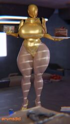 alternate_breast_size big_breasts big_butt breasts cake_slice curvy curvy_figure dark-skinned_female dark_skin game_controller golden_bikini haydee haydee_(game) heels high_heels hips huge_breasts rvns3d staring_at_viewer teasing tight_clothing tight_fit