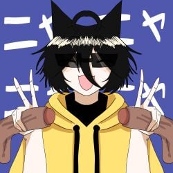 1unknown 2boys :3 ahoge blue_background cat_ears cock femboy glasses liar_dancer_(synthesizer_v) medium_penis nyanyanay penis short_hair sunglasses unknown_gender yellow_guy_(nyanyanay)