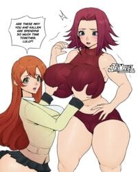 2021 2girls alternate_breast_size artist_name big_breasts blush breast_grab breasts brown_hair busty cleavage clothing code_geass dialogue female female_only hips jay-marvel kallen_stadtfeld large_breasts legs light-skinned_female light_skin long_hair midriff multiple_girls nail_polish name_drop red_hair shirley_fenette short_hair shorts skirt speech_bubble thick_legs thick_thighs thighs voluptuous wide_hips