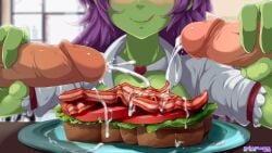 1girls animeflux bacon blush close-up cum cum_on_food depth_of_field disembodied_penis double_handjob eyes_out_of_frame food green-skinned_female green_skin handjob lettuce licking_lips long_hair multiple_penises nalica nalica_(animeflux) original penis purple_hair sandwich_(food) solo_focus straight tomato