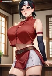 ai_generated arm_support arm_warmers bangs bare_shoulders belt black_eyes black_hair black_thighhighs blush boruto:_naruto_next_generations breasts brown_belt cowboy_shot crop_top dandanhub detached_sleeves female forehead_protector headband indoors konohagakure_symbol large_breasts lips looking_at_viewer midriff miniskirt naruto naruto_(series) naruto_shippuden navel parted_lips patreon_username red_shirt red_skirt sarada_uchiha shirt short_hair shorts skindentation skirt sleeveless sleeveless_shirt solo standing thighhighs thighs white_shorts window