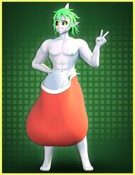 anonymous_artist bulge dai_(guacamolemuffler) fin fins green_hair grey_skin guacamolemuffler hyper_balls hyper_bulge hyper_penis no_shirt shark shark_humanoid shark_tail shark_teeth solo_male tall visible_nipples visible_underwear yellow_eyes