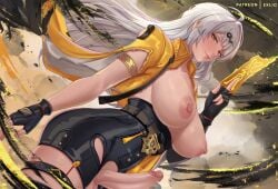 ahoge balls between_fingers bird black_bird black_gloves black_shorts breasts commentary cowboy_shot cropped_jacket dutch_angle english_commentary erection exlic female fingerless_gloves floating_hair futanari gloves grey_hair hair_ornament hairclip high-waist_shorts holding holding_ofuda intersex jacket large_breasts long_hair looking_at_viewer nipples open_clothes open_jacket paid_reward_available patreon_username penis shorts smile solo standing testicles uncensored variant_set very_long_hair yellow_eyes yellow_jacket yin_yang_pin yixuan_(zenless_zone_zero) zenless_zone_zero