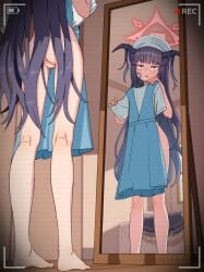 bar_censor barefoot blue_archive blush censored commentary_request completely_nude demon_girl dress feet female from_behind from_below full-face_blush fuuka_(blue_archive) halo holding holding_unworn_clothes holding_unworn_dress indoors kneepits long_hair looking_at_mirror mirror nude paid_reward_available purple_hair pussy recording red_halo reflection solo special_cat unworn_dress variant_set voyeurism young