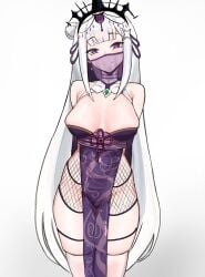 1girls big_breasts chinese_clothes cinn_angl cleavage emilia_(re:zero) female_focus female_only front_view light-skinned_female light_skin looking_at_viewer looking_forward purple_dress purple_eyes re:zero_kara_hajimeru_isekai_seikatsu thick_thighs thighhighs thighs veil white_hair wide_hips