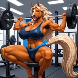 ai_generated anthro armpit_hair blonde_hair booty_shorts deergirlfit excessive_pubic_hair gym gym_clothes gym_clothing gym_shorts hairy hairy_armpits hairy_pussy horse horse_girl milf muscles muscular muscular_female original_character pubic_hair sports_bra squatting strong_woman