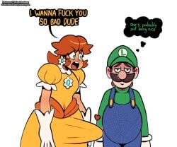 1boy 1futa asking_for_sex blue_overalls boner brown_hair clothing dialogue dress duo earrings erection facial_hair flower_earrings funny futanari gloves green_hat green_shirt hat heart light-skinned_female light-skinned_male light_skin looking_at_another looking_at_viewer luigi male mario_(series) moustache nintendo open_mouth orange_dress overalls penis_in_clothes princess princess_daisy royalty shirt text text_bubble thegreyzen thehornyzen thought_bubble white_background white_gloves