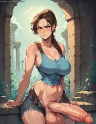 1futa ai_generated belt bluebewwy braided_ponytail breasts brown_eyes erection futanari huge_breasts huge_cock lara_croft looking_at_viewer navel outdoors penis ponytail ruins shorts sky solo tank_top testicles torn_clothes veiny_penis