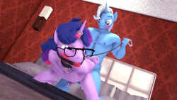 16:9 3d_(artwork) 4k abs absurd_res anthro anthrofied ball_gag bed blush bodily_fluids collar digital_media_(artwork) duo dusk_shine_(mlp) equid equine eyewear friendship_is_magic ftm_crossgender furniture gag genital_fluids genitals glasses hasbro hi_res holding_leash holding_object horn horn_ring leash magic_inhibitor male male/male mammal my_little_pony nude on_bed penis precum rule_63 tristan_(mlp) trixie_(mlp) twilight_sparkle_(mlp) unicorn unie widescreen