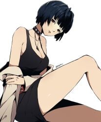 black_dress blue_hair choker cleavage doctor dress exposed_shoulders legs long_legs looking_at_viewer looking_down necklace necklace_between_breasts persona_5 pppppknw realistic_anatomy realistic_breast_size realistic_proportions red_eyes short_hair shoulders tae_takemi