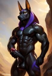 ai_assisted ai_generated anthro anubian anubian_jackal anubis balls ballsack chest cum cum_drip cumshot dark-skinned_male dark_body dark_penis dark_skin ear erect erect_nipples erect_penis erection male male_focus male_only muscle muscles muscular muscular_anthro muscular_arms muscular_male muscular_thighs naked naked_male nude nude_anthro nude_male pointed