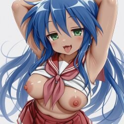 1girls 2d 2d_(artwork) ai_generated areola areolae armpits arms_behind_back arms_up bangs bare_arms bare_breasts big_breasts blue_hair bow bowtie breasts chubby chubby_female clothed clothing collarbone eyebrows eyebrows_visible_through_hair fangs female female_focus female_only front_view green_eyes hair hair_between_eyes high-angle_view highres konata_izumi light-skinned_female light_skin long_hair looking_at_viewer lucky_star meetex naughty_face nipples open_clothes open_mouth sailor_collar school_uniform shirt shirt_up skirt sleeveless sleeveless_shirt solo solo_female solo_focus stable_diffusion standing thick tongue tongue_out very_long_hair