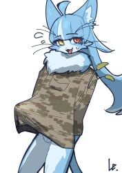 2025 absurd_res anthro balls blue_body blue_ears blue_fur blue_hair blue_inner_ear blue_tail bottomless bulge camo camo_clothing camo_print camo_topwear clothed clothing digital_media_(artwork) domestic_cat el-k erection erection_under_clothing eyebrow_through_hair eyebrows felid feline felis fur genitals hair head_tuft heterochromia hi_res jacket japan_air_self-defense_force long_hair looking_at_viewer male mammal multicolored_body multicolored_fur neck_tuft omaneko_(jasdf) panties pattern_clothing pattern_topwear portrait red_eyes signature simple_background smile solo tail tenting three-quarter_portrait topwear topwear_only translucent translucent_hair tuft two_tone_body two_tone_fur underwear whiskers white_background white_balls white_body white_fur yellow_eyes