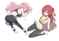 2girls after_workout all_fours bare_shoulders barefoot belly blush bocchi_the_rock! bra breast_size_difference closed_eyes collar ear_blush eyelashes feet female female_only gotou_hitori green_eyes hairclip happy highres kita_ikuyo kneeling legs light-skinned_female light_skin long_hair looking_at_viewer midriff navel nipple_bulge open_mouth open_smile panting pink_hair qyminusk9 red_eyes side_ponytail sideboob sitting smile soles sports_bra sportswear stirrup_legwear stomach sweat sweatdrop sweating sweaty thighs topwear waist wariza white_background wristband yoga_pants