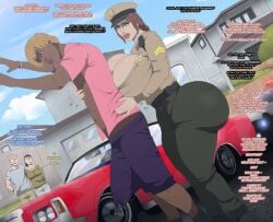 2boys 2girls arrest arrested ass big_ass big_breasts big_penis blonde_hair breast_press breasts brown_hair car clothing contingency dark-skinned_male dark_skin dialogue english_text erection erection_under_clothes huge_breasts huge_cock interracial long_hair looking_at_viewer medium_hair original penis police police_uniform policewoman text vehicle