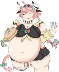 belly belly_button big_belly breasts closed_eyes fat fat_female fat_girl fat_woman genshin_impact hoyoverse hyper_belly light-skinned_female light_skin mihoyo mihoyo_technology_(shanghai)_co._ltd. natlan_girls pink_hair pink_hair_female sandwich_(food) standing varesa_(genshin_impact) white_background