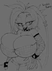 1girls bare_shoulders enormous_breasts fan_character female fishnets gray_background grayscale huge_breasts mobian_(species) monochrome oc rabbit rabbit_ears ravrous sharp_teeth simple_background smile sonic_(series) sonic_oc sonic_the_hedgehog_(series) spiked_collar spikes