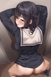 1girls absurdres ass black_hair bottomless bowlegged_pose female female_pubic_hair from_behind highres jack_dempa light-skinned_female long_hair looking_at_viewer looking_back open_mouth original pubic_hair school_uniform smile solo split spread_legs