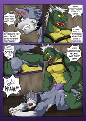 abs all_fours angry anthro asking_to_stop ass blue_eyes bob_(vju79) bondage broken_horn canid canine canis captive_(vju79) captive_(vju79):_part_i collar comic domination dragon duo english_text evil_grin forced fur genitals gervic_(vju79) green_body green_scales grey_body grey_fur groan hair harness heterochromia horn humanoid_genitalia humanoid_penis immobilized laugh male male/male male_domination male_penetrated male_penetrating male_penetrating_male mammal multicolored_body muscular muscular_male nude on_the_ground open_mouth page_29 pain pecs penetration penis penis_in_ass profanity rape scales scalie screaming sex_slave sex_talk smile tail_grab text two_tone_body vju79 white_hair wingless_dragon wolf yellow_sclera