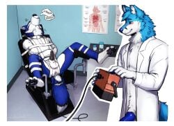 absurd_res anal anthro arms_tied bloudin_(whatisdamatter) bluefox bondage bound canid canine canis clothing coat comic condom cum_collecting curling_toes doctor duo electricity electrojac electrostimulation erection feet fox genitals gynecological_chair head_thrown_back hi_res knot lab_coat legs_tied male male/male mammal medical muzzle_(object) overwhelmed penetration penis redderblood resisting restraints sequence sexual_barrier_device spread_legs spreading straitjacket topwear vet wolf