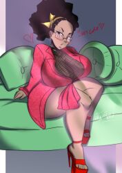 african_female afro afro_hair big_breasts black_hair breasts couch couch_sitting dark-skinned_female dark_skin deviant_nsfw glasses headscarf heels huge_breasts large_breasts mature mature_female milf mommy_milkers red_heels robe sala_rolle_(mermaid_kunoichi) sitting sitting_on_couch