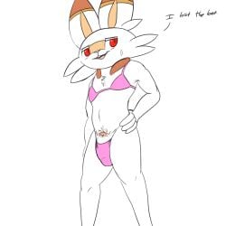 absurd_res bikini blush bodily_fluids buckteeth bulge clothing dialogue game_freak generation_8_pokemon hand_on_hip hi_res lagomorph leporid mammal nervous nintendo open_mouth pokemon pokemon_(series) pokemon_(species) pubes rabbit scorbunny sweat sweatdrop swimwear teeth thong twerpishimp two-piece_swimsuit underwear