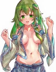 absurdres areola_slip bare_shoulders blue_skirt blue_trim breasts breasts_apart collarbone cowboy_shot detached_sleeves female frog_hair_ornament green_eyes green_hair groin hair_censor hair_ornament hair_over_breasts hair_tubes hands_up highres ikazuchi_akira kochiya_sanae light_blush light_smile long_hair long_sleeves navel open_clothes open_shirt parted_lips pleated_skirt shirt simple_background single_hair_tube single_sidelock skirt sleeveless sleeveless_shirt snake_hair_ornament solo stomach touhou white_background white_shirt white_sleeves wide_sleeves