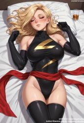 ai_generated animification avengers bangs bare_shoulders bed bed_sheet black_gloves black_legwear black_leotard black_thighhighs blonde_hair blue_eyes blush breasts captain_marvel carol_danvers closed_mouth clothing covered_navel cup curvaceous drinking_glass elbow_gloves female female female_only gloves hands_up highleg highleg_leotard indoors jousneystudio large_breasts legwear leotard lips long_hair looking_at_viewer lying marvel marvel_comics ms._marvel_(carol_danvers) navel on_back on_bed parted_lips pillow sash shiny_skin skindentation sleeping sleeveless solo thick_thighs thighhighs thighs wide_hips